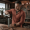 Tyler, 42, operations manager, pouring into a thermos at his garage workbench
