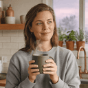 Dana, 34, attorney, holding a hand-thrown mug at her kitchen counter at 6:45am