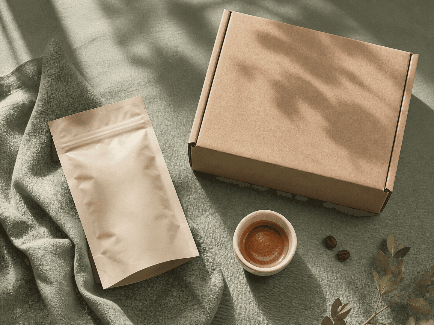 Craft coffee subscription kit — kraft mailer, coffee bag and espresso cup on sage linen