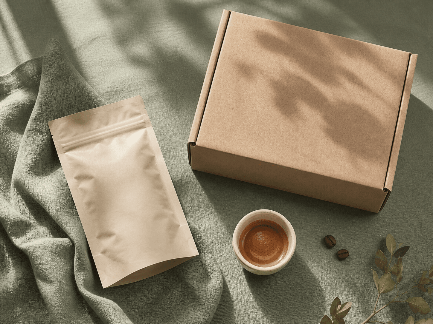 Craft coffee subscription kit — kraft mailer, coffee bag and espresso cup on sage linen