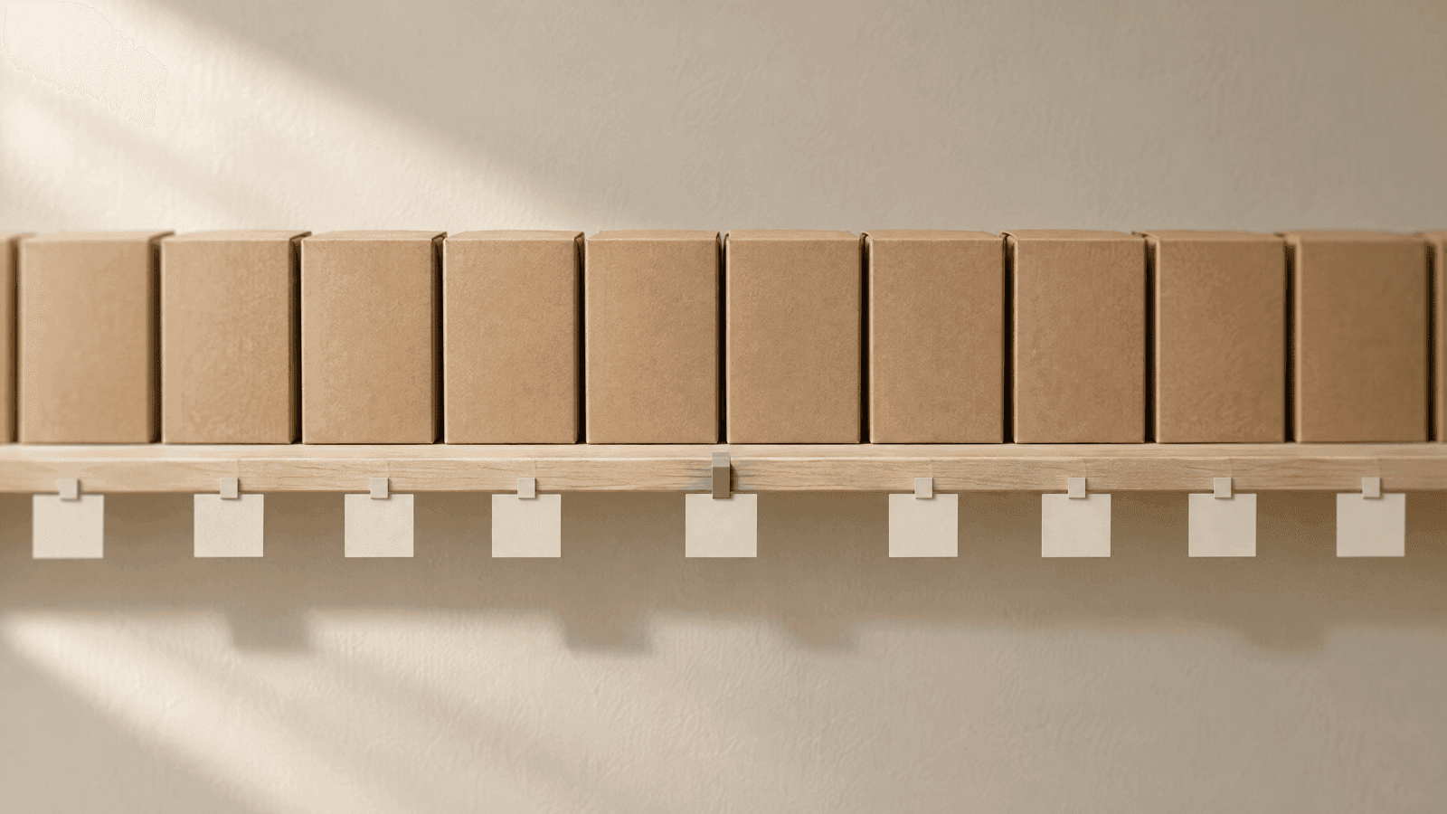 A level row of identical plain kraft boxes on a pale wood shelf, each with the same blank shelf tag.