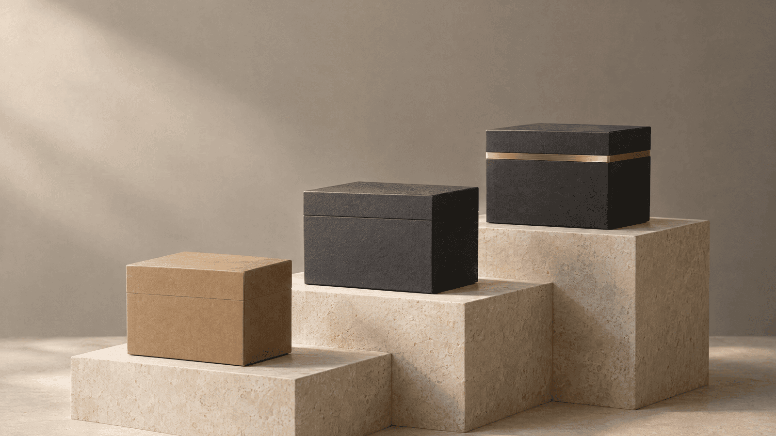 Three identical boxes on ascending stone steps: kraft, charcoal, and charcoal with a brass band.