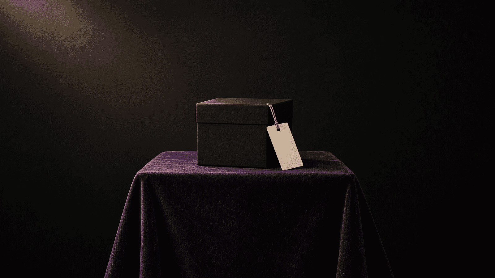 A single matte-black box alone on violet velvet under one soft spotlight, with a blank swing tag.