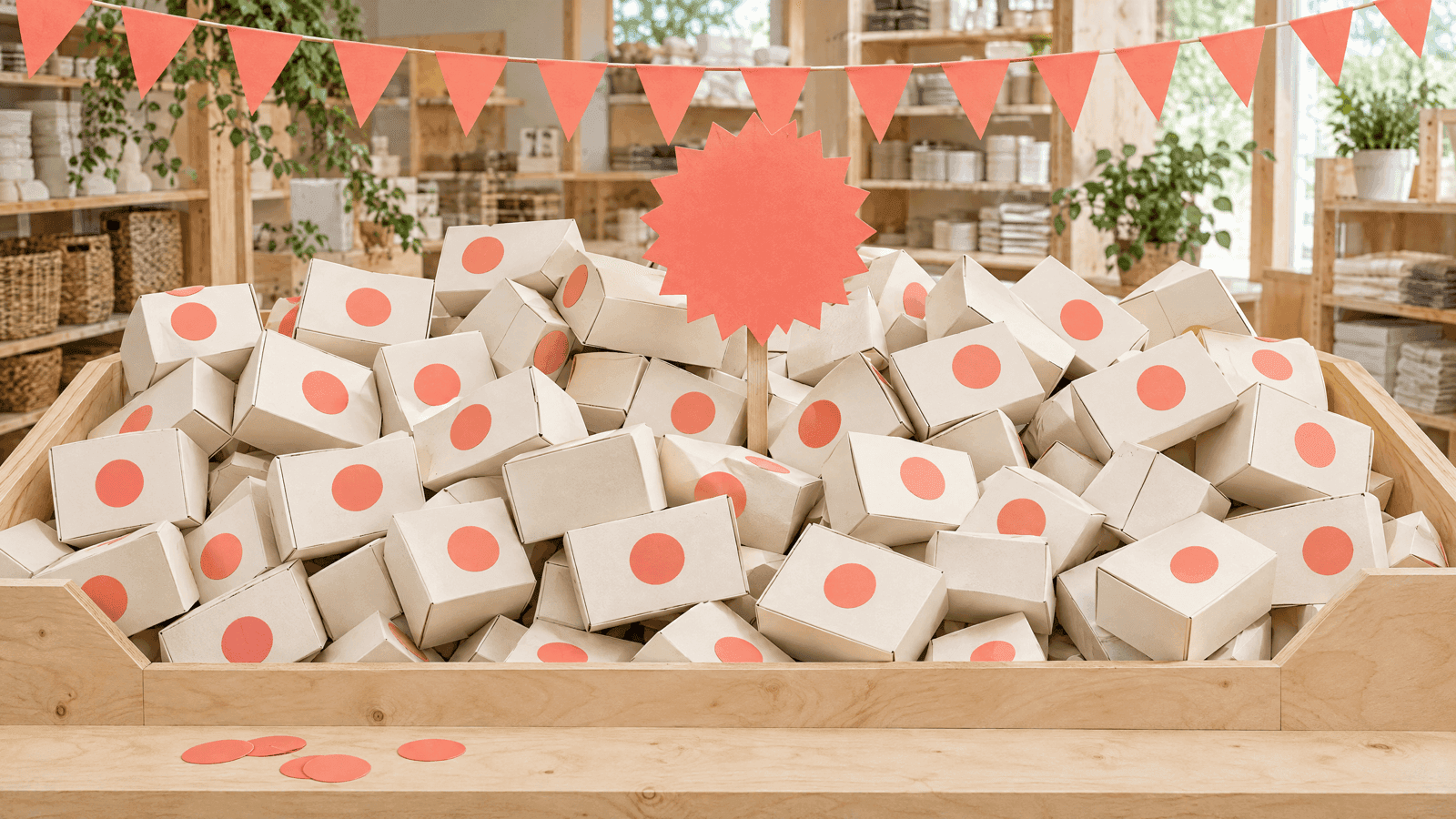 A dump bin piled with cream boxes covered in blank coral sale stickers, under a string of coral bunting.