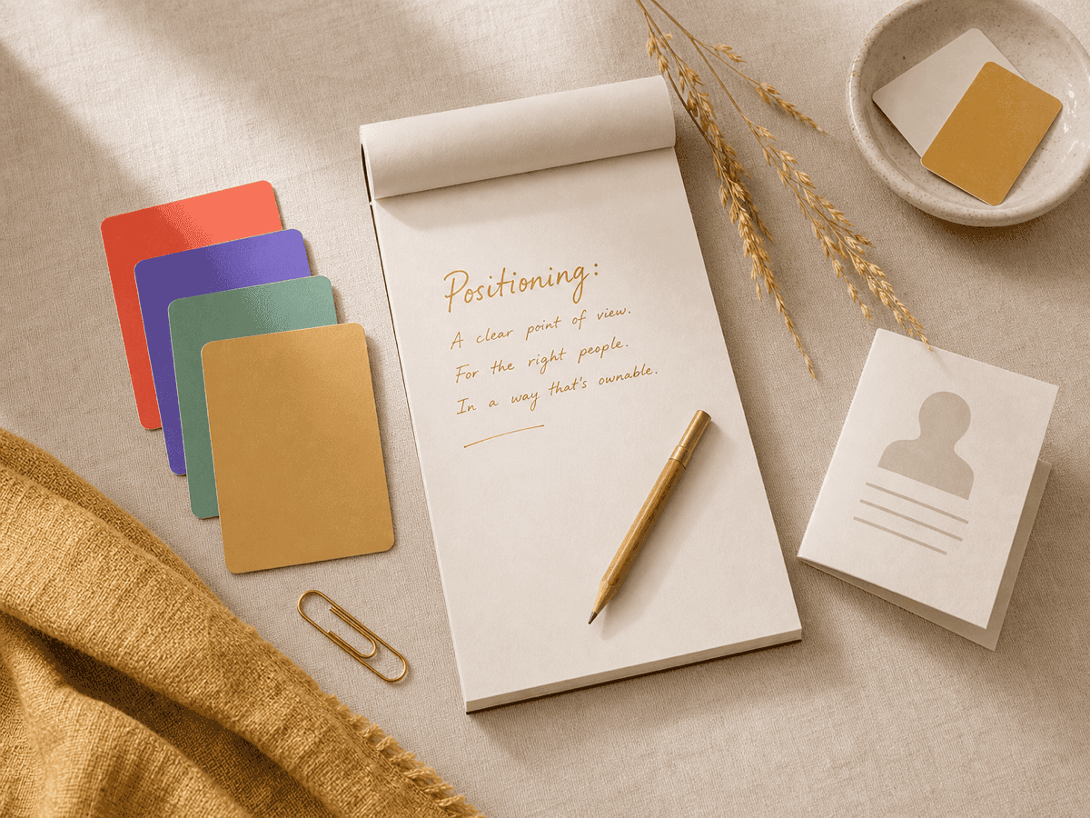 Open notebook with a fresh marketing plan, brand swatches and a small persona card on warm cream linen