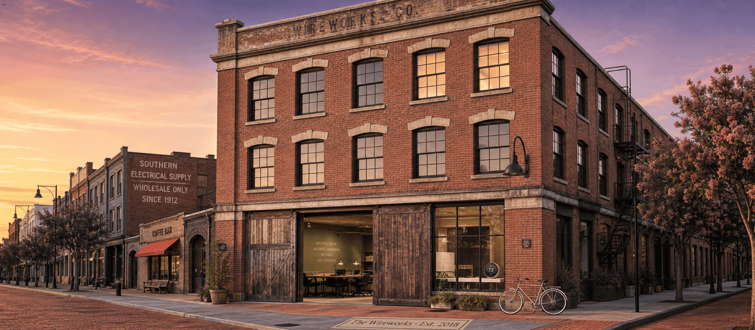 Late-afternoon view of the Marston Atlas headquarters in the converted Wireworks district