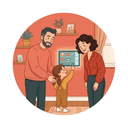 Sam and Jordan Patel with two kids in a family kitchen, the device on the counter