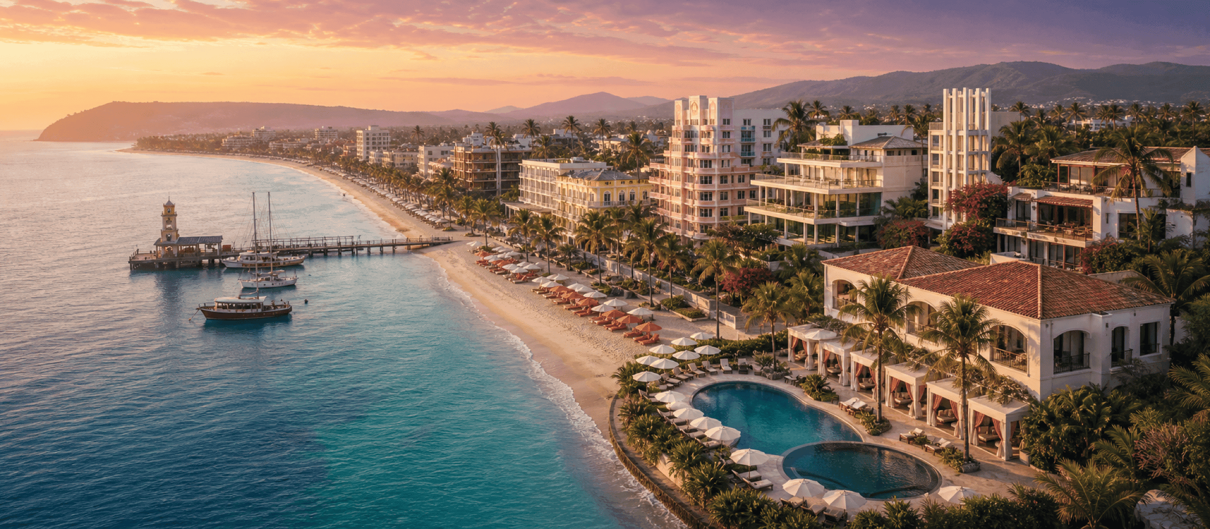 Marlin Bay — a glamorous five-mile resort coast lined with independent boutique hotels at warm late afternoon