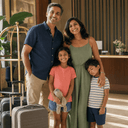 The Patel family in a hotel lobby with luggage