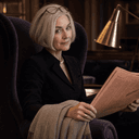 Amelia Whitfield, 58, reading the FT in a wing-back chair
