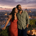 Marcus and Elena Rivas, mid-30s couple at dusk on a hotel rooftop