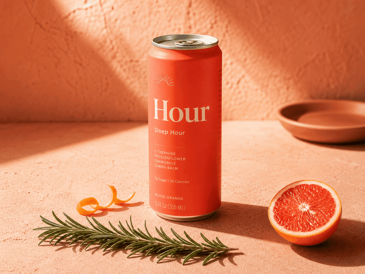 Vibrant coral Hour wellness beverage can on a warm cream-pink plaster surface in direct afternoon sun
