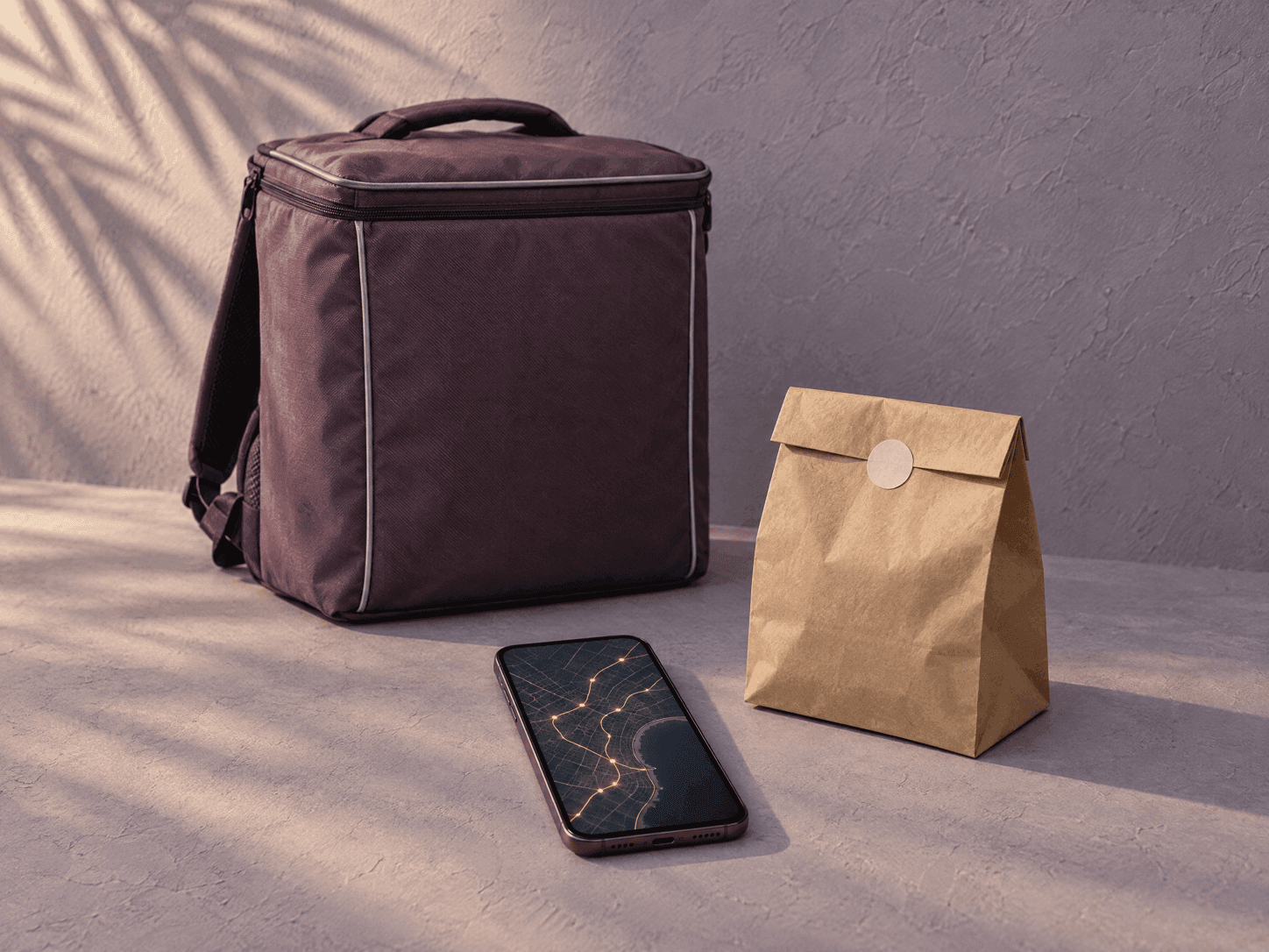 A plum delivery backpack and a sealed takeaway bag beside a phone showing gold delivery routes across a coastal city map.