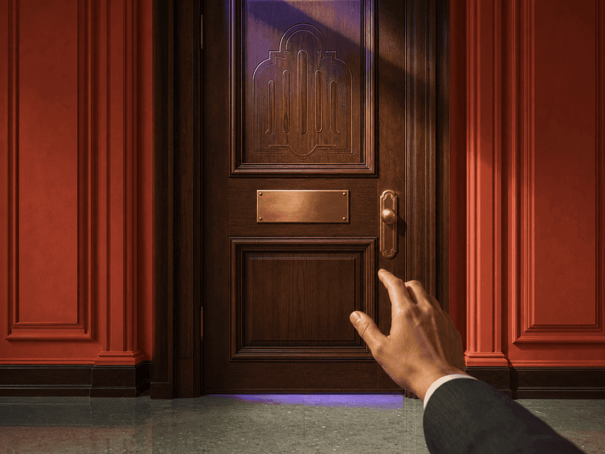 A heavy oak door with a hand paused short of the handle — duty hesitating before action.