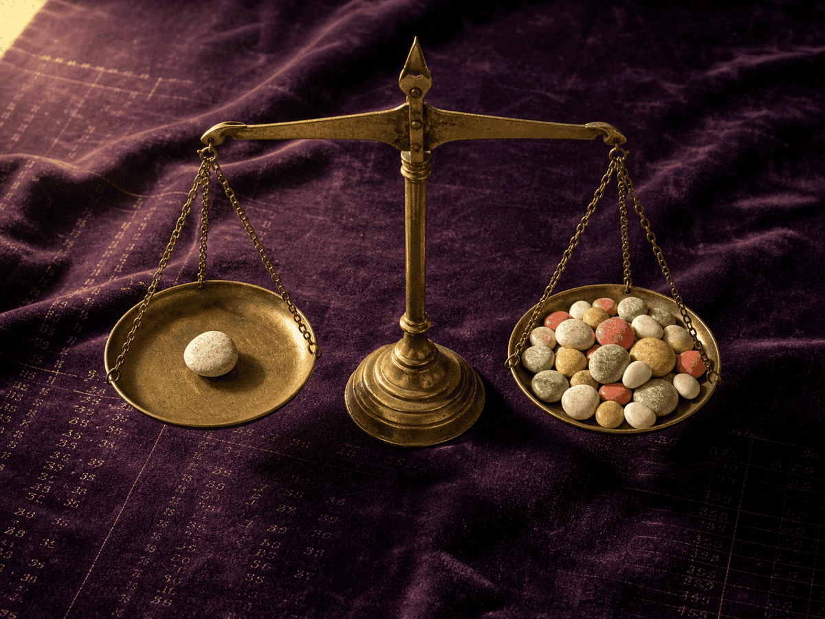 Brass scale balanced between a single pebble and a heap of smaller stones — the utilitarian calculus made visible.