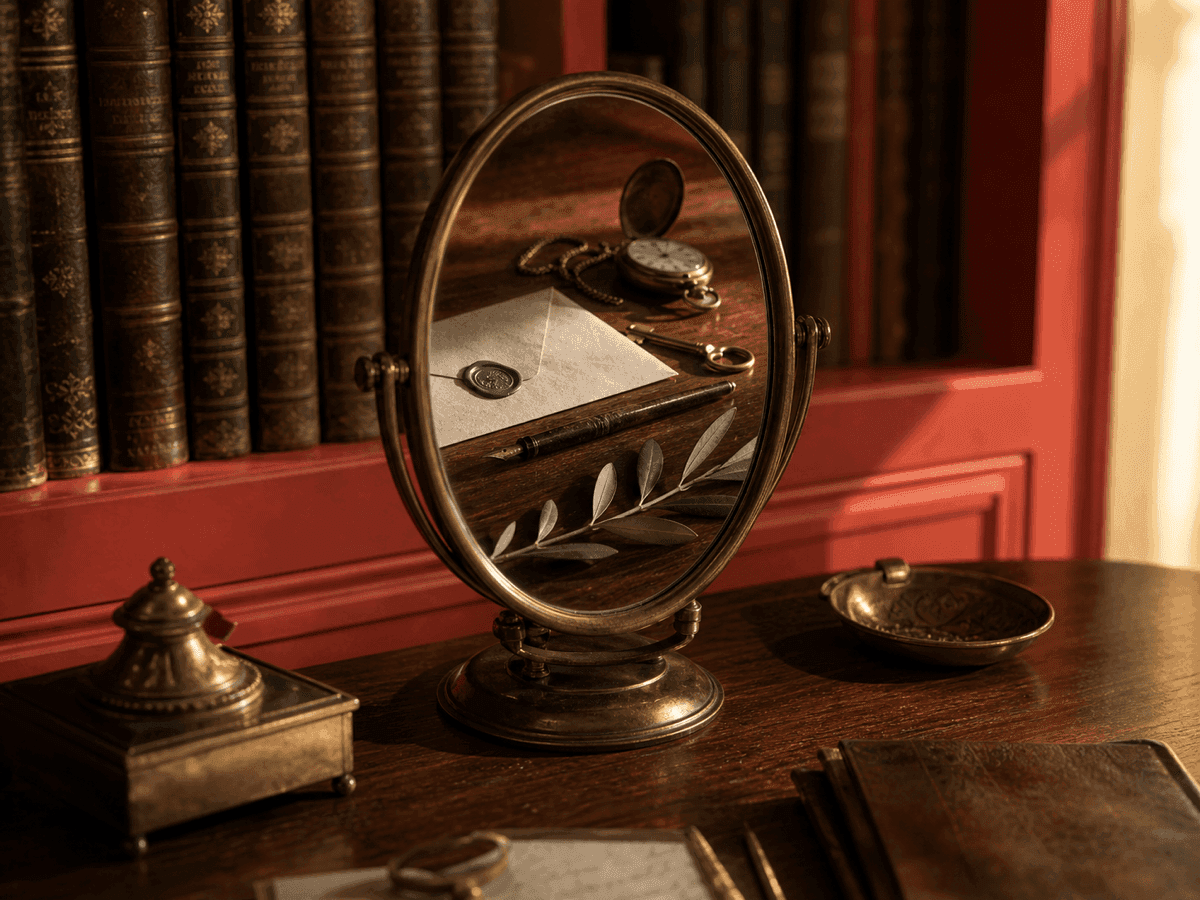 A still life reflected in an oval mirror — character described through the objects a person keeps.