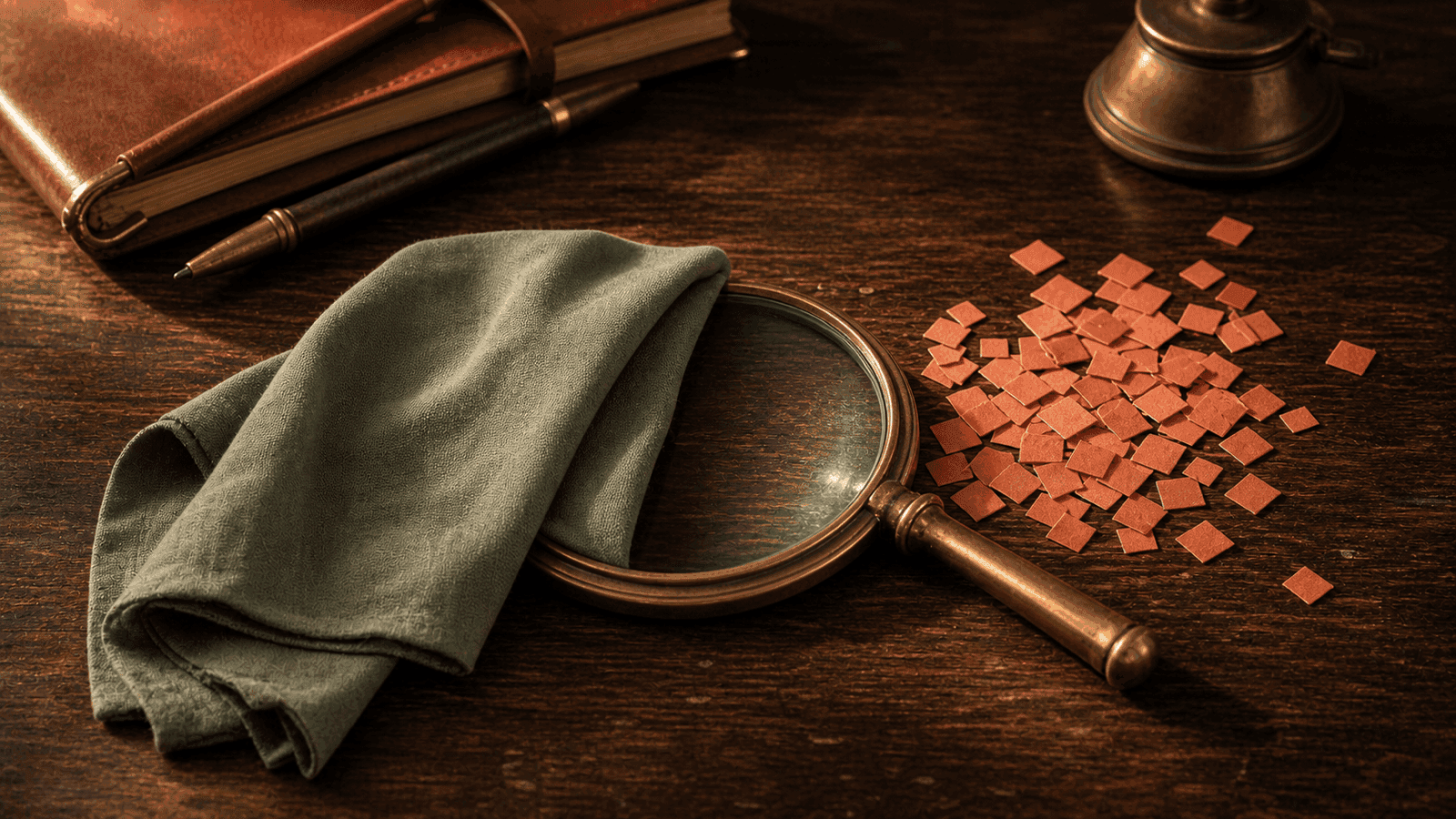 A brass magnifying lens is partly covered by sage cloth and partly exposed to coral paper chips on a walnut desk.