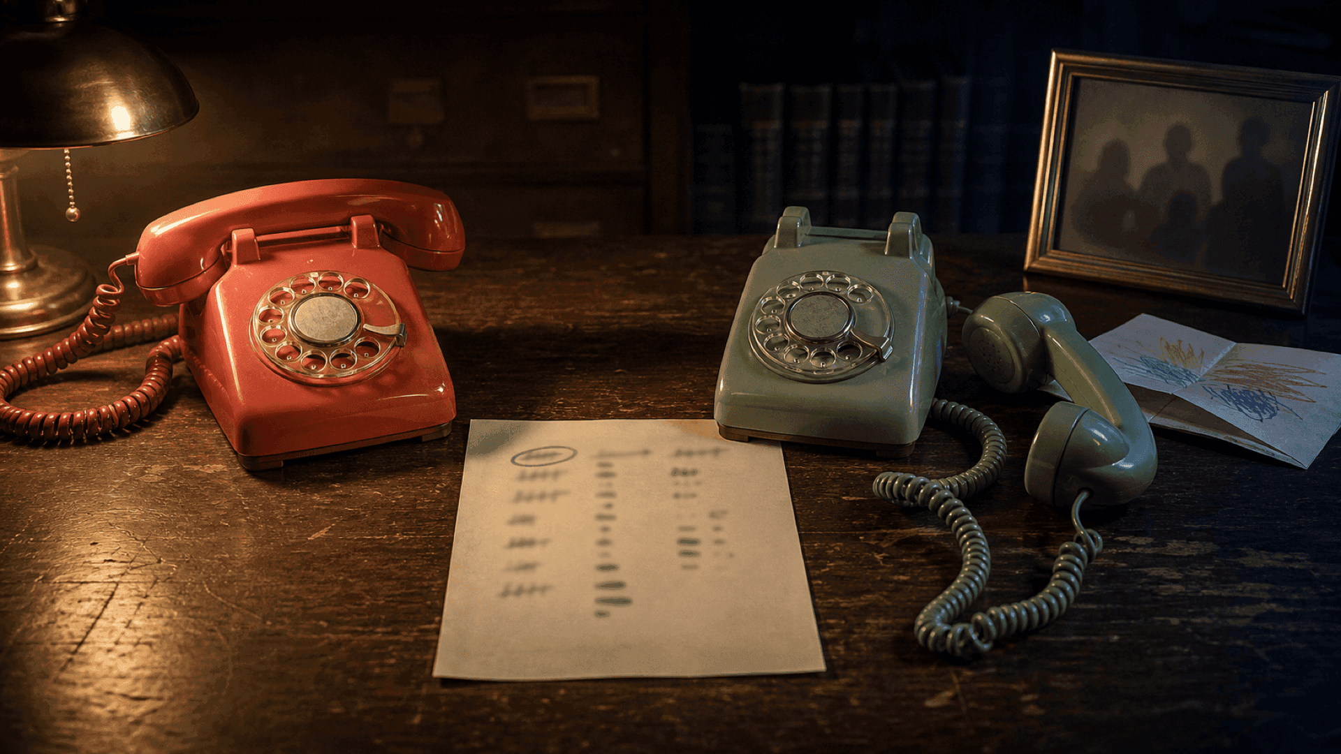 Two old rotary telephones — one coral, one sage — on a worn walnut desk, splitting the dilemma between them.